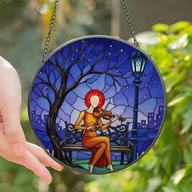 Art Lovers' Intricate Stained Glass Violinist Deep Red Amber Blue Twilight Mosaic Stained Glass Suncatcher
