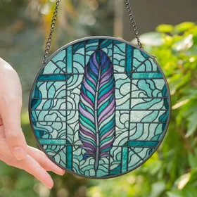 Art Lovers' Glowing Teal Aqua Purple Feather Stained Glass Mosaic Pattern Stained Glass Suncatcher