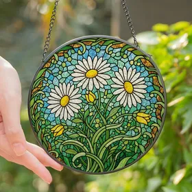 Nature Lovers' Detailed Tiffany Style Stained Glass Daisy Floral Mosaic, Jewel Tone White Yellow Green Blue Amber Stained Glass Suncatcher