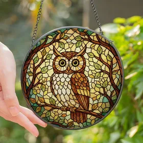 Nature Lovers' Tiffany-Style Stained Glass Owl Amber Golden Woodland Mosaic Pattern Stained Glass Suncatcher
