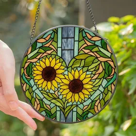 Nature Art Lovers' Glowing Stained Glass Sunflowers Heart Jewel Tone Intricate Mosaic Stained Glass Suncatcher