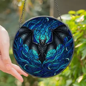 Gothic Art Lovers' Tiffany Style Stained Glass Bat Sapphire Blue Teal Nocturnal Mosaic Stained Glass Suncatcher