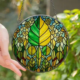 Nature Lovers' Intricate Tiffany Stained Glass Bicolored Leaf Emerald Green Sunny Yellow Mosaic Stained Glass Suncatcher