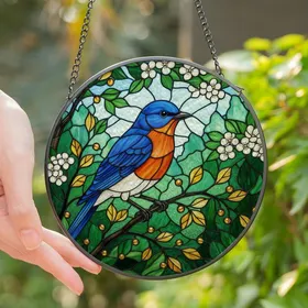 Nature Lovers' Intricate Stained Glass Eastern Bluebird Cobalt Blue Orange Amber Leaf Forest Green Mosaic Art Stained Glass Suncatcher