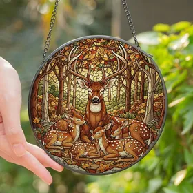 Nature Lovers' Intricate Stained Glass Deer Family Forest Tiffany Pattern Amber Brown Jewel Tones Stained Glass Suncatcher