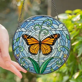 Nature Lovers' Vibrant Tiffany Glass Monarch Butterfly Orange Black Jewel Tones Sky Blue Emerald Green Floral Mosaic Stained Glass Suncatcher