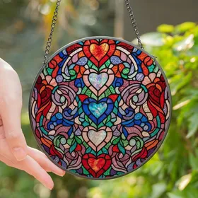 Women's Tiffany Style Stained Glass Hearts Cascade Iridescent Opalescent Jewel Tone Mosaic Stained Glass Suncatcher