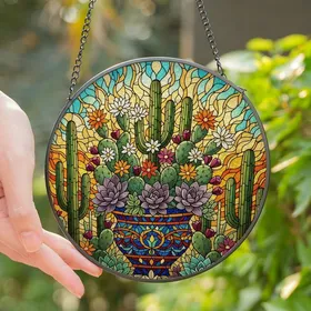 Plant Lovers' Vibrant Tiffany Stained Glass Flowering Cacti Succulent Mosaic Jewel Tones Stained Glass Suncatcher