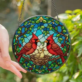 Nature Lovers' Intricate Tiffany Style Stained Glass Cardinal Nest Jewel Tone Mosaic Stained Glass Suncatcher