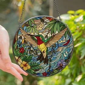 Nature Lovers' Intricate Tiffany Stained Glass Hummingbird Ruby Emerald Tropical Foliage Stained Glass Suncatcher