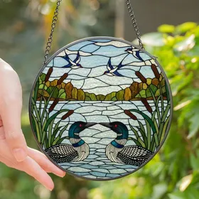 Wildlife Enthusiasts' Tiffany Glass Loons Lake Mosaic Jewel Tone Nature Pattern Stained Glass Suncatcher