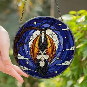 Gothic Art Lovers' Intricate Stained Glass Bat Ruby Amber Moonlit Night Edge-to-Edge Design Stained Glass Suncatcher