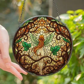 Fantasy Art Lovers' Tiffany Style Stained Glass Fairy Amber Hair Emerald Green Forest Mosaic Stained Glass Suncatcher