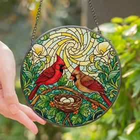 Nature Lovers' Tiffany Style Glowing Stained Glass Cardinals Nest Mosaic Fiery Red Orange Green Cream Stained Glass Suncatcher