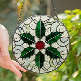 Art Lovers' 8K Detailed Tiffany Stained Glass Ruby Berry Emerald Holly Frost Mosaic Stained Glass Suncatcher