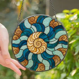 Art Lovers' Glowing Tiffany Stained Glass Nautilus Cross-Section Teal Aqua Copper Mosaic Stained Glass Suncatcher