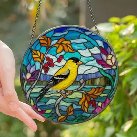 Bird Lovers' Vibrant Tiffany Stained Glass American Goldfinch Brilliant Yellow Jet Black Amber Crimson Intricate Mosaic Stained Glass Suncatcher