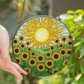 Vibrant Style Seekers' Tiffany Stained Glass Sun Sunflower Radiant Yellow Orange Mosaic Stained Glass Suncatcher