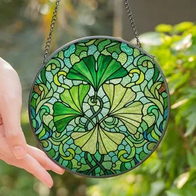 Nature Lovers' Vibrant Stained Glass Ginkgo Leaves Emerald Lime Chartreuse Botanical Mosaic Pattern Stained Glass Suncatcher
