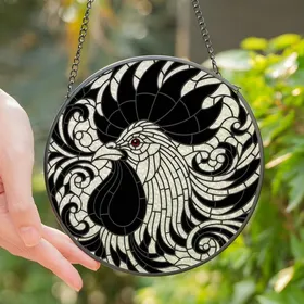 Art Lovers' Dynamic Rooster Profile Tiffany Style Stained Glass Intricate Geometric Mosaic Black White Jewel Tones Stained Glass Suncatcher