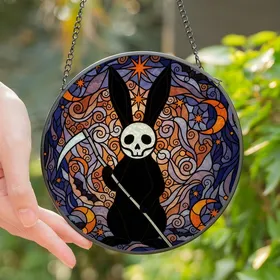 Fantasy Art Enthusiasts' Opaque Black Rabbit Skull Face Silver Scythe Tiffany Style Jewel Tone Nocturnal Stained Glass Mosaic Stained Glass Suncatcher