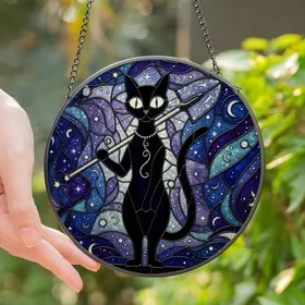 Mystical Cat Lovers' Sleek Black Cat Silver Shovel Stained Glass Jewel Tone Moonlit Celestial Art Stained Glass Suncatcher