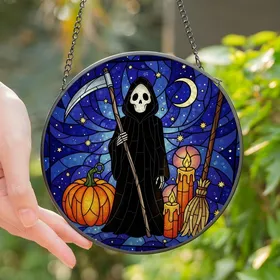 Mystical Art Fans' Vibrant Tiffany Stained Glass Scythe Bearer, Pumpkin & Starry Night Stained Glass Suncatcher