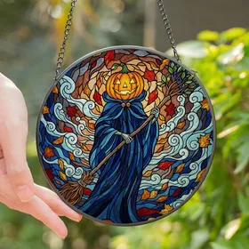Halloween Enthusiasts' Tiffany Stained Glass Jack-o'-lantern Glowing Orange Indigo Autumnal Mosaic Stained Glass Suncatcher