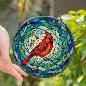 Nature Lovers' Vibrant Red Cardinal Tiffany Stained Glass Mosaic Art with Silver Branches, Translucent Jewel Tones, Blue Green Swirling Patterns Stained Glass Suncatcher