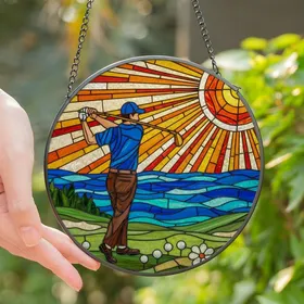 Golf Enthusiasts' Vibrant Tiffany Stained Glass Golfer Radiant Sun Ocean Mosaic Art Orange Blue Green Stained Glass Suncatcher