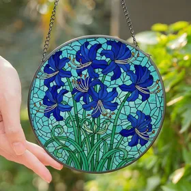 Nature Lovers' Intricate Tiffany Style Sapphire Blue Spider Lily Emerald Teal Floral Mosaic Stained Glass Suncatcher