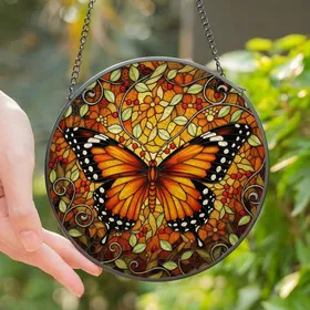 Art Enthusiasts' Tiffany Style Stained Glass Butterfly & Lush Garden Mosaic in Amber, Orange, Ruby Red Stained Glass Suncatcher