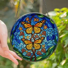 Butterfly Lovers' Glowing Tiffany Stained Glass Monarch Butterflies Orange Amber Edge-to-Edge Mosaic Stained Glass Suncatcher