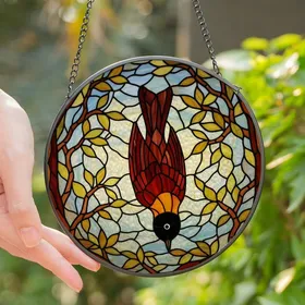 Art Lovers' Highly Detailed Tiffany Style Stained Glass Inverted Bird Glowing Amber Orange Red-Brown Mosaic Stained Glass Suncatcher