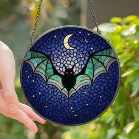 Art & Nature Enthusiasts' Tiffany Style Stained Glass Bat Iridescent Wings Deep Blue Purple Night Sky Mosaic Stained Glass Suncatcher