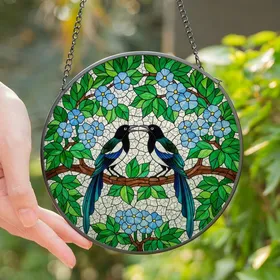 Nature Lovers' Intricate Tiffany Stained Glass Magpie Birds Blue Flowers Emerald Leaves Mosaic Stained Glass Suncatcher
