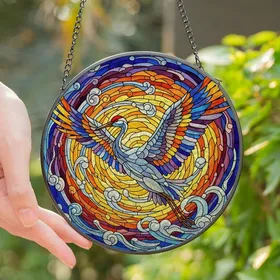 Art Lovers' Majestic Tiffany Stained Glass Crane Flight Jewel Tone Ethereal Sky Mosaic Stained Glass Suncatcher