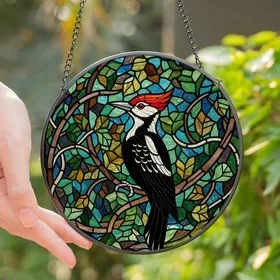 Bird Lovers' Vibrant Tiffany Style Stained Glass Woodpecker Red Crest Emerald Green Mosaic Stained Glass Suncatcher