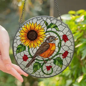 Nature Lovers' Vibrant Tiffany Stained Glass Robin, Sunflower & Berries Mosaic Stained Glass Suncatcher