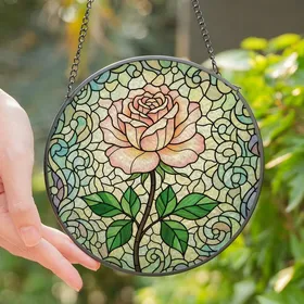 Women's Intricate Stained Glass Pink Rose Bloom, Emerald Leaves, Pastel Tiffany Mosaic Art Stained Glass Suncatcher