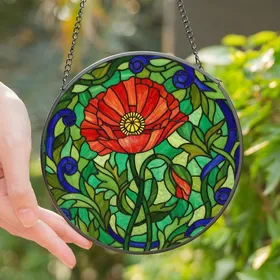 Art Lovers' Vibrant Tiffany Stained Glass Red Poppy Intricate Floral Mosaic Jewel Tones Stained Glass Suncatcher