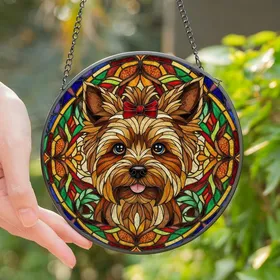 Yorkshire Terrier Lovers' Happy Yorkie Stained Glass Art, Amber Brown Jewel Tones, Red Bow, Intricate Geometric Mosaic Stained Glass Suncatcher