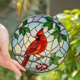 Nature Lovers' Tiffany Style Stained Glass Northern Cardinal Ruby Red Tangerine Emerald Mosaic Art Stained Glass Suncatcher