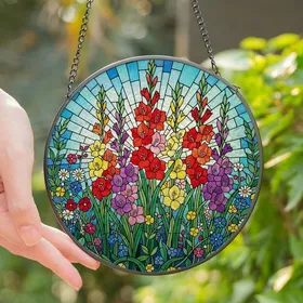 Nature Lovers' Vibrant Stained Glass Gladiolus Wildflower Mosaic Radiating Blue Sky Stained Glass Suncatcher