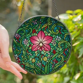 Nature Lovers' Vibrant Pink Orchid Tiffany-Style Stained Glass Intricate Floral Mosaic Pattern Stained Glass Suncatcher