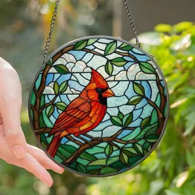 Nature Lovers' Tiffany Style Scarlet Cardinal Stained Glass Forest Canopy Mosaic Stained Glass Suncatcher