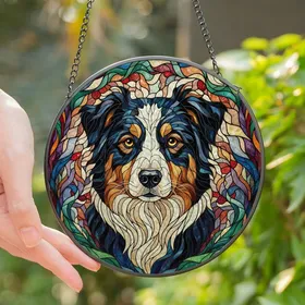 Dog Lovers' Majestic Stained Glass Tri-Color Dog Tiffany Mosaic Art Jewel Tones Stained Glass Suncatcher