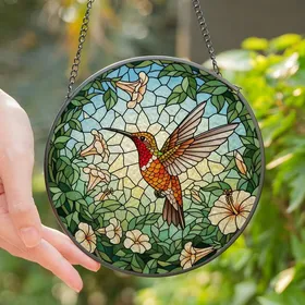 Nature Lovers' Vibrant Red Hummingbird Tiffany Stained Glass Floral Garden Mosaic Jewel Tones Stained Glass Suncatcher
