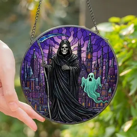 Gothic Art Lovers' Iridescent Grim Reaper Stained Glass Gothic Cityscape Aqua Purple Stained Glass Suncatcher