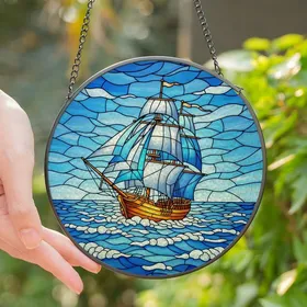Nautical Art Lovers' Tiffany Stained Glass Sailboat Ocean Amber Blue White Jewel Tone Mosaic Stained Glass Suncatcher